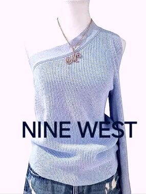 Nine West Light Blue Off The Shoulder One Shoulder Cutout Sweater Spring Fashion